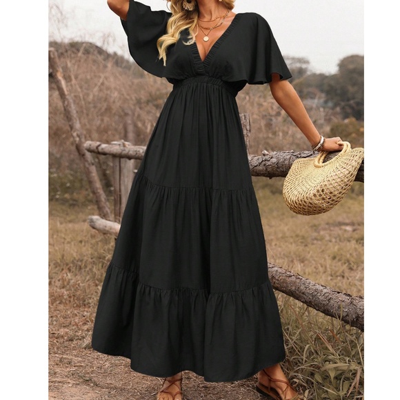 Boho Rust V neck Butterfly Sleeve Stretchy Waist Maxi Dress - Picture 3 of 11